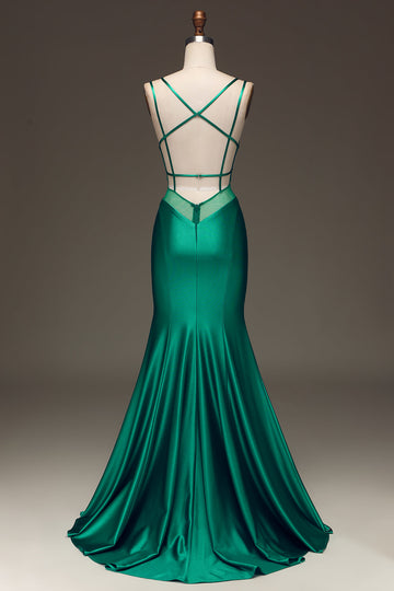 Green Deep V-neck Satin Mermaid Ball Dress with Lace-up Back